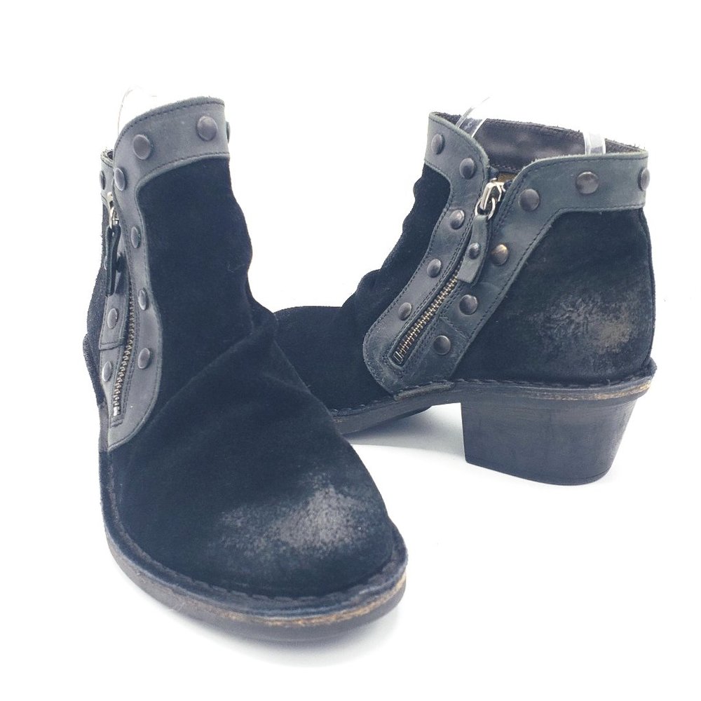 Fly London Duke Ankle Boots 6.5 Distressed Black Suede Side Zip Studs Round Toe